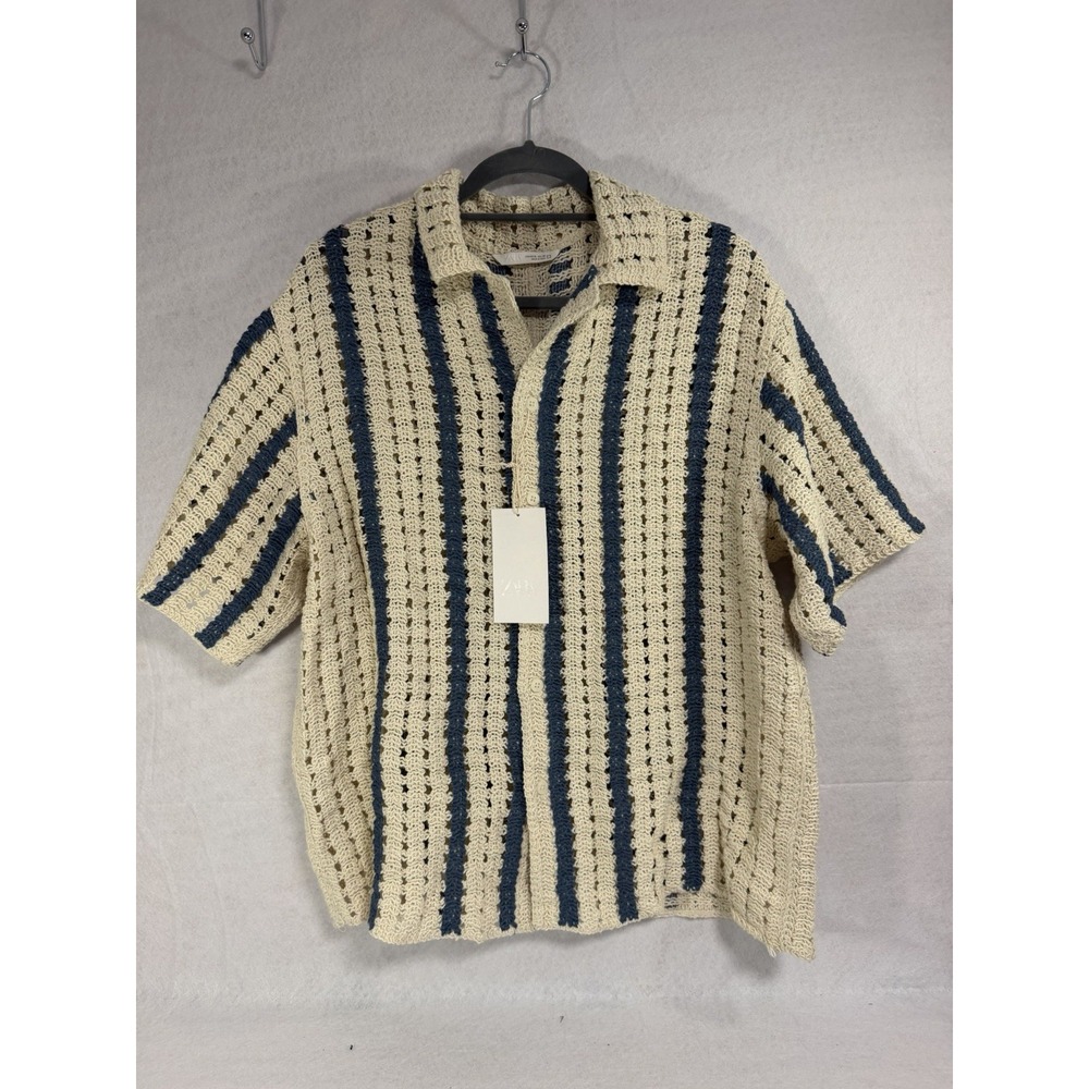 NWT Zara Men Crochet Knit Shirt Striped Cream Blue Short Sleeve Size XL
